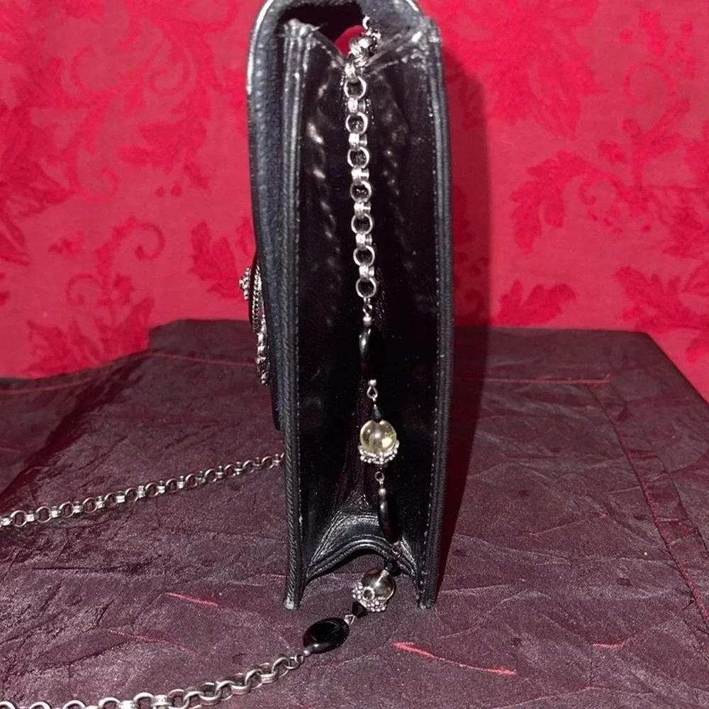 Todd Anthony‎ Leather Saddle Bag Black Onyx Metal Embellishment Beaded Chain.